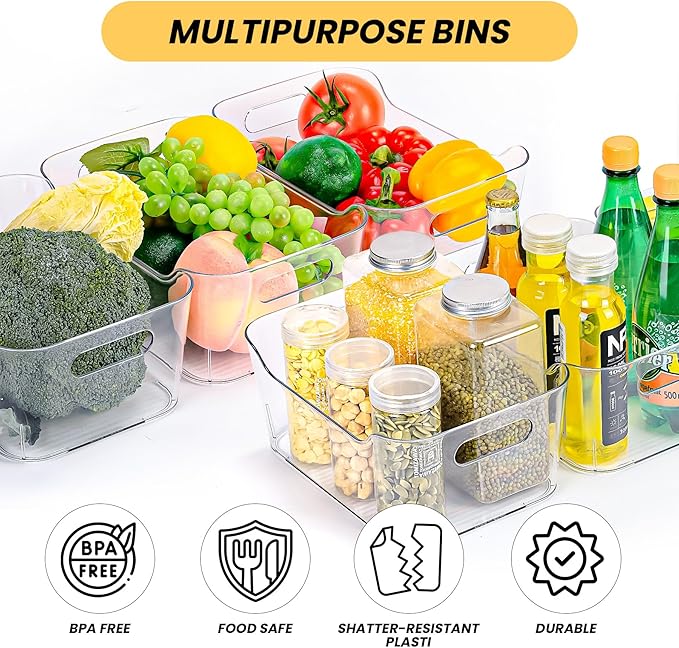 12 Pack Clear Plastic Storage Bins, Acrylic Organizer and Containers with Handle for Pantry, Cabinet, Closet, Refrigerator, Freezer, Bathroom, Kitchen Under Sink Storage