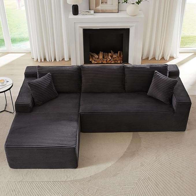 104 Inch Cloud Sectional Couch with L-Shape Chaise,Modern Upholstered Couches with Deep Seat,Corduroy Sponge Compressed Sofa for Living Room,No Assembly Required (Dark Grey)