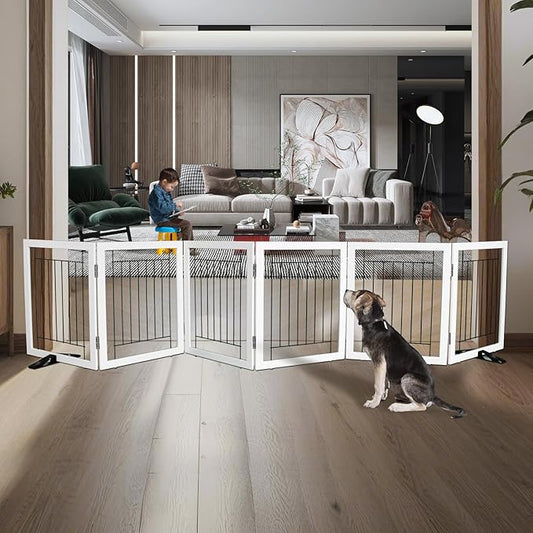 ZJSF Freestanding Dog Gate Indoor, Foldable Dog Fence for Doorways,Hallways or Stairs, Sturdy Wood Extra Wide Pet Gate with Support Feet,White,24 "Height-6 Panels