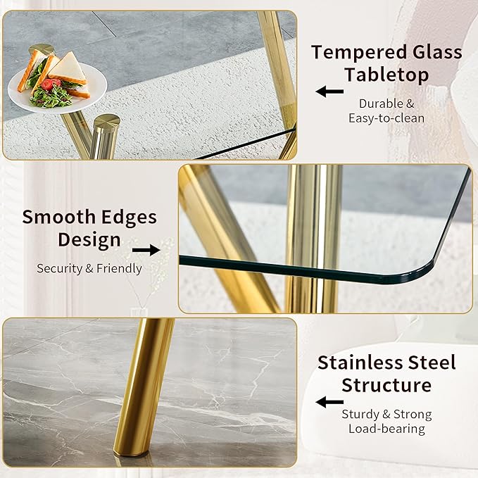 LKTART 71" Rectangular Dining Table for 6-8, Gold Dining Table with Tempered Glass Tabletop & Metal Legs, Large Glass Dinner Table for Home Kitchen