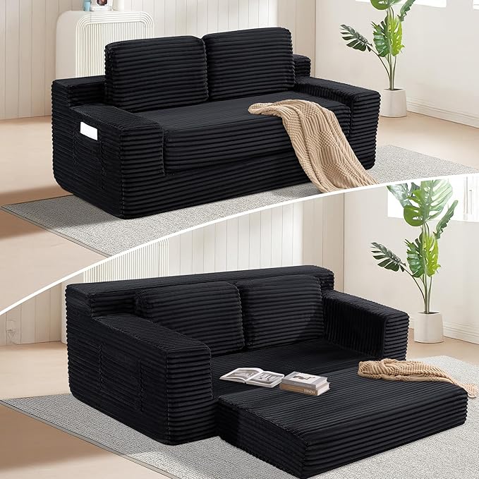 70" Cloud Loveseat Sofa Couch in a Box, 2 Seater Boneless Couch, Convertible Pull Out Sofa Bed with Pillows, No Assembly, Memory Foam, Modern Small Couches for Small Spaces (Black-Folding)