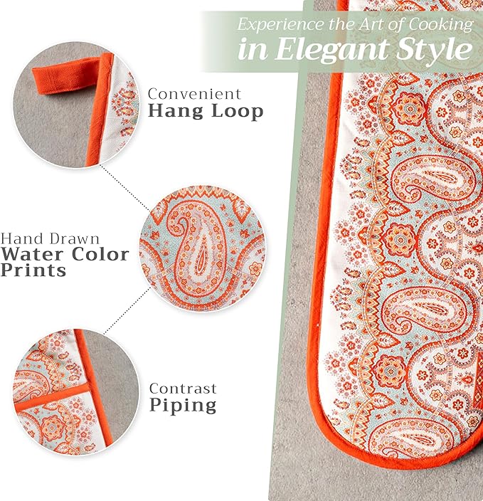 Maison d' Hermine Double Oven Mitt (7" x 35") 100% Cotton Heat Resistant BBQ Cooking Gloves with Loop for Thanksgiving Christmas Decorations Baking Cooking Barbeque Handling Hot Pan (Cachemire)