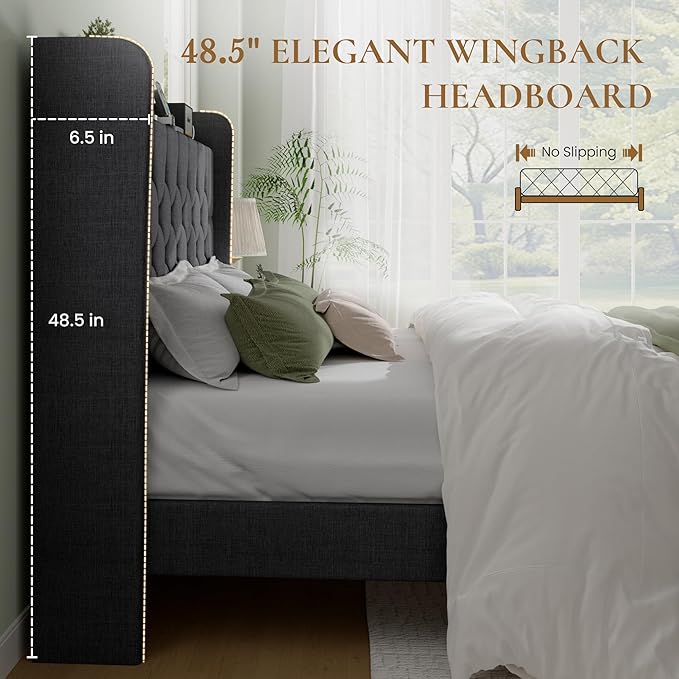 SHA CERLIN Queen Platform Bed Frame with Charging Station, Velvet Wingback Headboard with Storage Shelf, Wooden Slats Support, Ample Under-Bed Space, No Box Spring Needed, Easy Assembly, Dark Grey