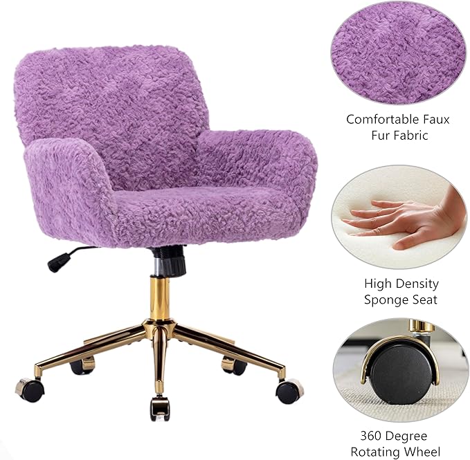 Goujxcy Faux Fur Home Office Teddy Fabric Swivel Chair - Height Adjustable Purple Elegant Vanity Chair for Teen Girls