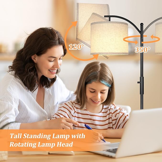 ROTTOGOON Dimmable Floor Lamp, Arc Floor Lamps for Living Room, Stepless Dimming Modern Standing Lamp with Linen Shade, Tall Lamp for Bedroom Office Dining Room- Black