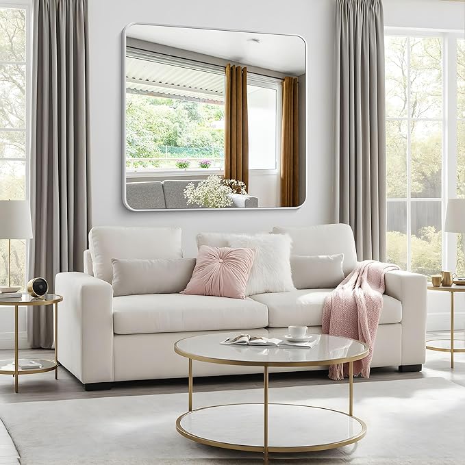 BONEWEI Silver Bathroom Mirror,48x48 inch Wall Mirror for Bathroom Wall Mounted,Rectangle Mirror for Bathroom Over Sink,Modern Frame Round Corner for Living Room,Bedroom Entryway,Horizontal/Vertical