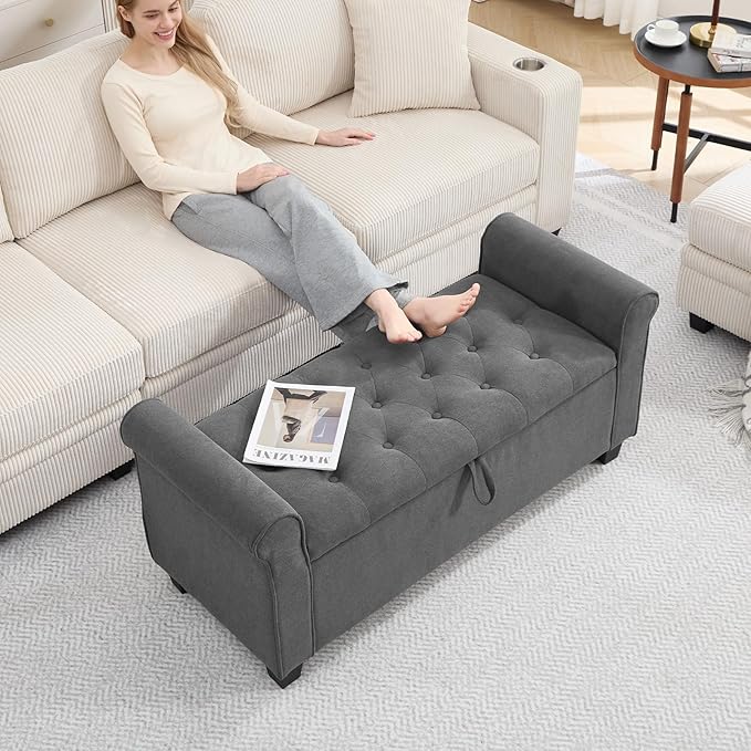 End of Bed Storage Bench for Bedroom, 49" Upholstered Storage Ottoman with Rolled Arms, Rivet Polyester Fabric Ottoman Bench for Bedroom, Living Room, Window, Entryway, Dark Gray