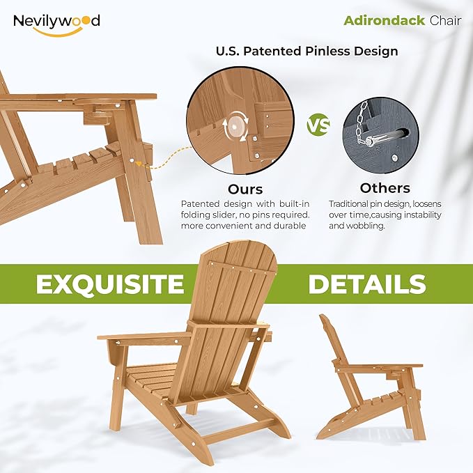 nevilywood Folding Adirondack Chair - Extended Ergonomic Backrest, Cup Holder - Easy Assembly - Durable HDPE Plastic, Weather Resistant & Maintenance-Free - Lawn, Patio, Deck Supports 380lbs,Teak
