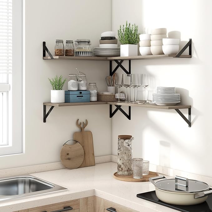 Axeman Floating Shelves for Wall, 16W x 8D Floating Shelves Set of 2, 8 Inch Deep Rustic Grey Wood Wall Mounted Shelves for Farmhouse Bookshelf Living Room Bedroom