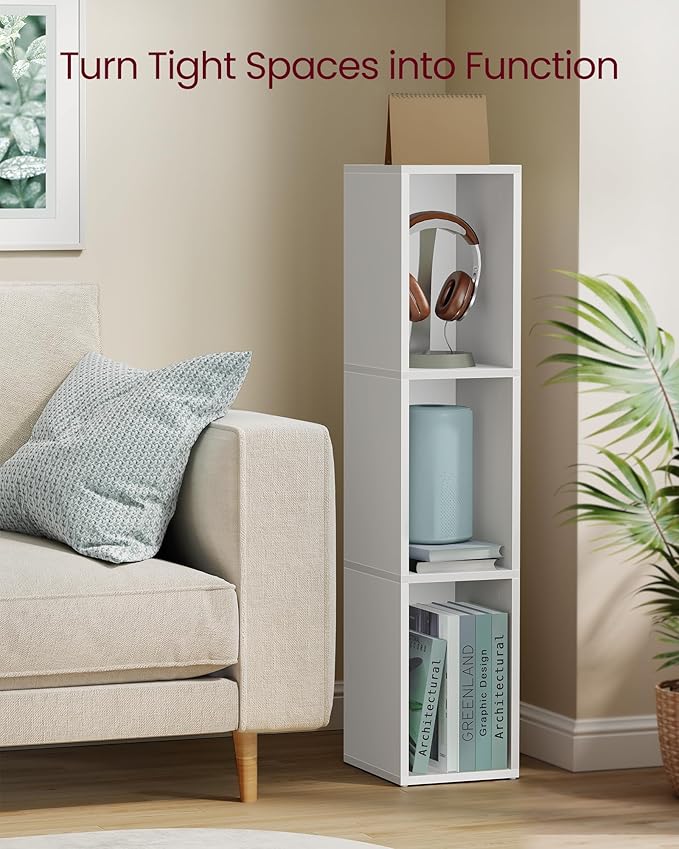 VASAGLE Custos Collection - Bookshelf, 3-Tier Bookcase, Book Shelf, Open Storage Shelf, 9.4 x 7.9 x 37.3 Inches, for Living Room, Home Office, Dining Room, Cloud White ULBC523W01