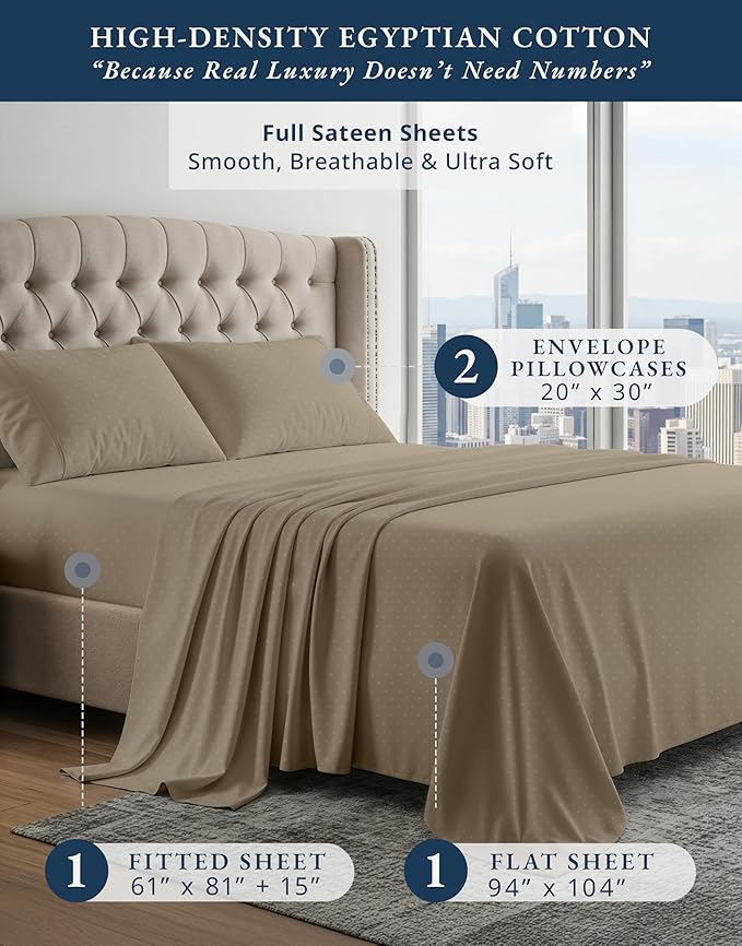LANE LINEN 100% Egyptian Cotton Bed Sheets - 4PC Full Sheets Set, Long Staple Bedding Sheets, Sateen Weave, Luxury Hotel Sheets, Fits Upto 16" Mattress, Swiss Dot - Taupe