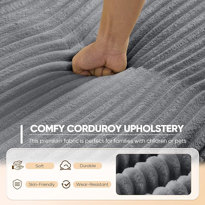 Antetek Convertible Sofa Bed, Comfy Corduroy Fluffy Love seat Sleeper Sofa, 5 in 1 Folding Couch Bed, Fold Out Floor Couch with Pillows for Bedroom, Living Room, Office, Wide Stripes, Grey