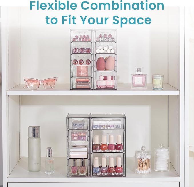 Vtopmart 4 Set Clear Desk Organizer, Pen Organizer with 16 Drawers, Acrylic Desktop Organization and Storage for Office Supplies, Pen, Makeup, Art Craft, Jewelry