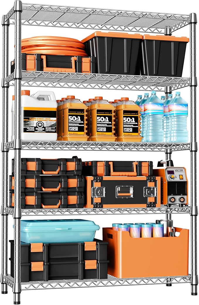 IZEUK 1750LBS Garage Shelving Wide Storage Shelves 5 Tier Metal Shelves Heavy Duty Adjustable Utility Shelf Rack (Chrome, 5 Tier, 15.7" D x 45.3" W x 70.9" H)