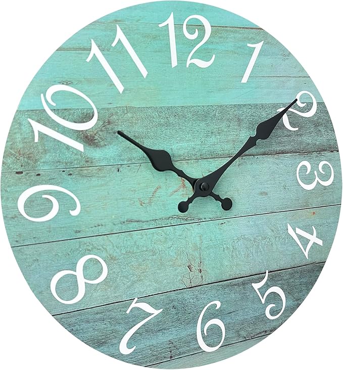 Plumeet Wall Clock, 12'' Frameless Wooden Wall Clocks with Silent Quartz Movement, Rustic Coastal Country Village Clocks Decorative for Kitchen Bedroom Living Room, Green