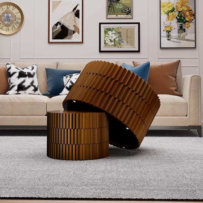 Round Nesting Coffee Table Set of 2, Round Fluted Coffee Tables for Living Room Modern Nesting End Side Tables for Small Spaces (B Brown)