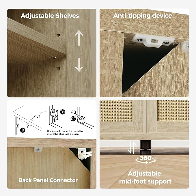 Mericonia Rattan Buffet Cabinet with Storage, Sideboard with Doors, TV Stand, Farmhouse Side Board Coffee Bar, Modern Wood Storage Cabinets for Livingroom, Kitchen and Dining Room (Oak)