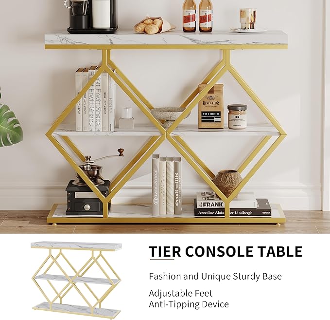 Garvee 3-Tier Entryway Table, Industrial Console Sofa Table with Storage, Accent Table with Open Shelves, Diamond-Shaped Metal Frame, Foyer Table for Entryway, Hallway, White