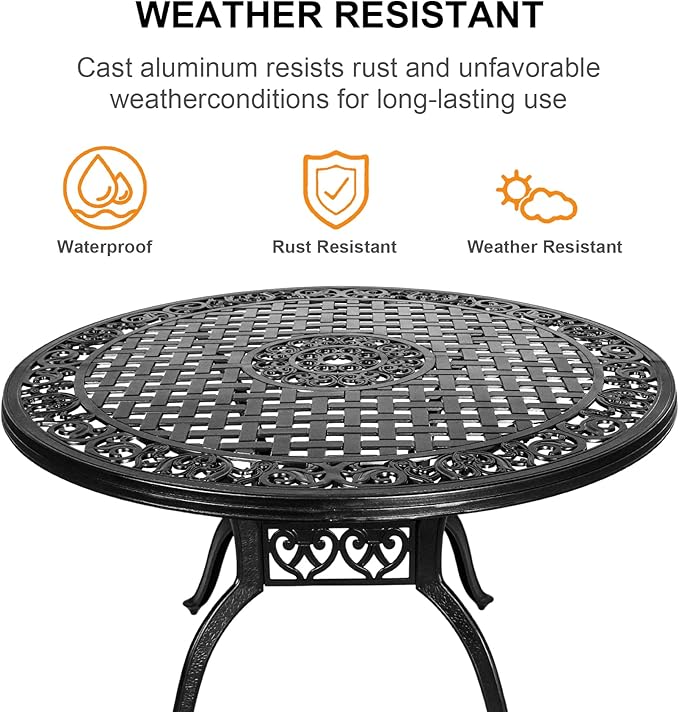 Cast Aluminum Patio Table,48" Round Patio Dining Table for 4-6 Person with Umbrella Hole,Metal Patio Table Outdoor Round Bistro Dining Table for Garden,Yard,Black