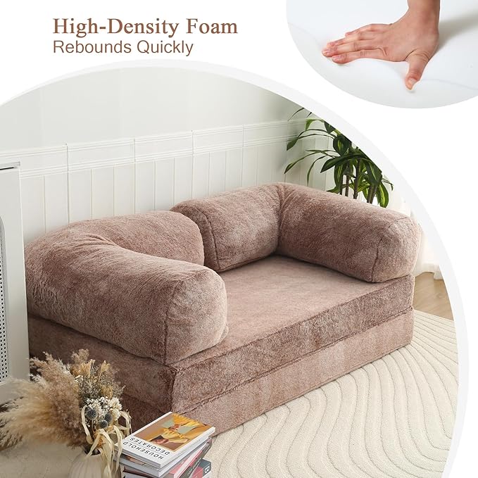 COMAX 4-in-1 Futon Sofa Bed, Queen Size Foldable Couch with L-Shaped Armrests, Convertible Sleeper Chair Bed, Comfortable Lounge Mattress for Living Room and Bedroom, Snow Brown