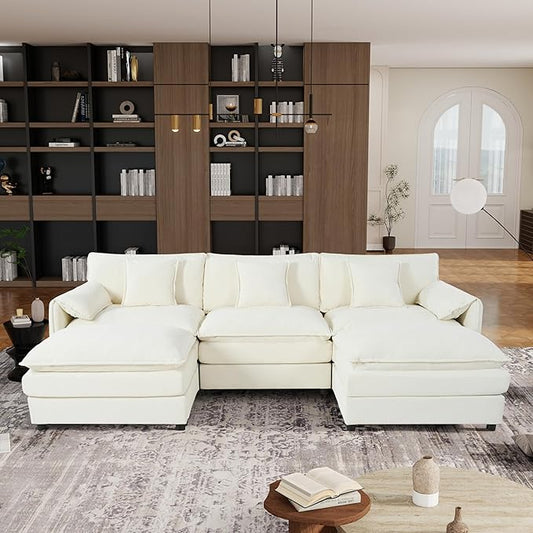 109.45" Oversized Extra Deep Seat Modern Chenille Cloud Couch, Large 3 Seater U Shape Modular Sofa for Living Room,Bedroom,Apartment,Office (White, 109.45 Inch-U Shape)