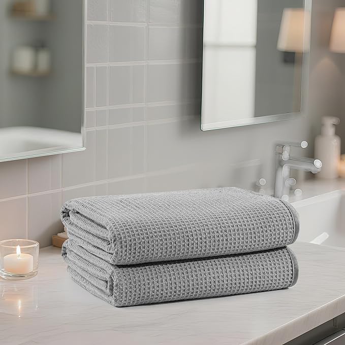 POLYTE 380 GSM Microfiber Oversize Quick Dry Lint Free Waffle Bath Towel for Body, 60 x 30 in, Set of 2