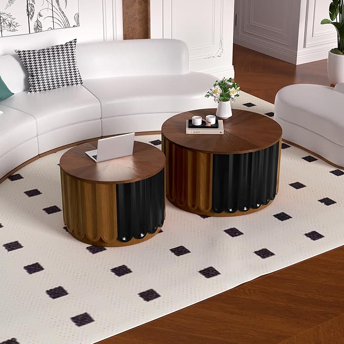 Round Nesting Coffee Table Set of 2, Round Fluted Coffee Tables with Storage for Living Room Modern Nesting End Side Tables for Small Spaces (A Storage Light Brown)