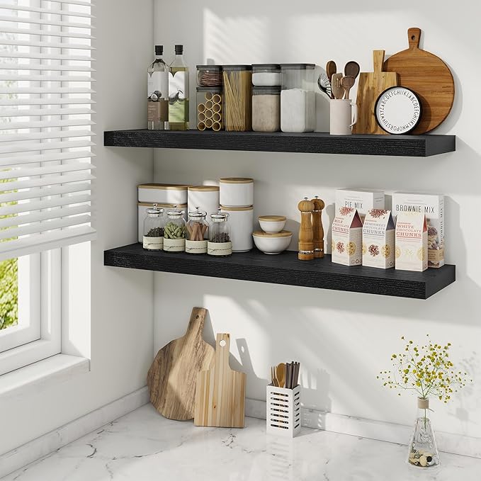 Fun Memories 36 Inch Floating Shelves, 9.3 Inch Deep Rustic Wall Shelves - Extra Deeper Wall Mounted Storage Shelves for Bathroom, Kitchen, Living Room (Black, Set of 2)