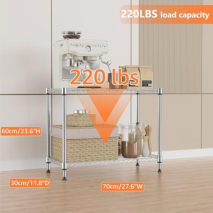 IZEUK 2 Tier Adjustable Metal Storage Shelving Unit, Heavy Duty Wire Rack Organizer for Kitchen, Living Room or Office, 220 lbs Capacity, 27.6 W x 11.8 D x 23.4 H, Chrome