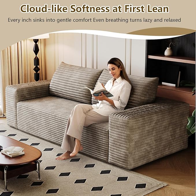 71" Boneless Loveseat Sofa - Cloud Couch with Memory Foam, Comfy Deep Seat - Corduroy Floor Sofa, No Assembly Required - Small Space Friendly for Living Room, Bedroom, Apartment, Corduroy, Camel