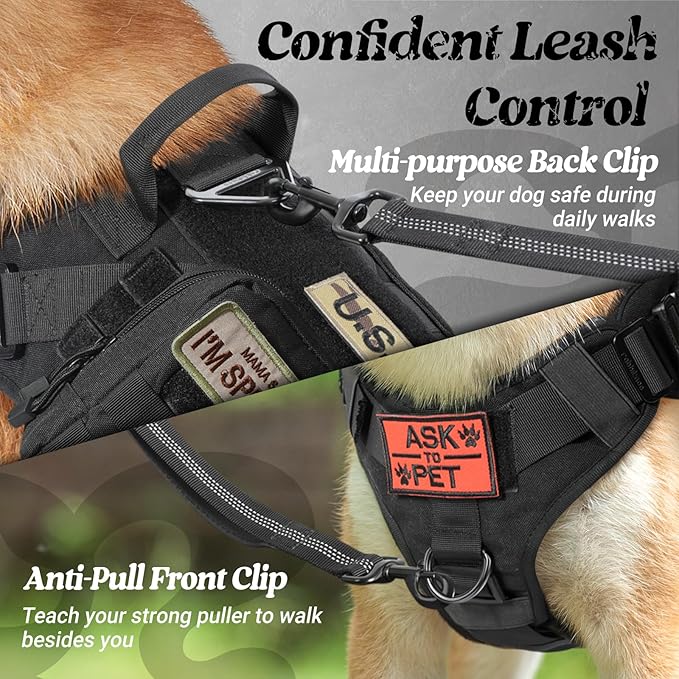 rabbitgoo Tactical Dog Harness for Large, Heavy Duty Pet Harness with Handle, No-Pull Service Vest Large Breed, Adjustable Military Dog Vest for Training Hunting Walking, Black, XL