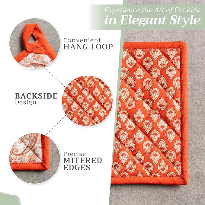 Maison d' Hermine Pot Holders Set 100% Cotton Heat Resistant Potholders 8" x 8" Hot Pads with Loop for Thanksgiving Christmas Decorations BBQ Cooking Baking Handling Hot Pans (Pack of 2, Cachemire)