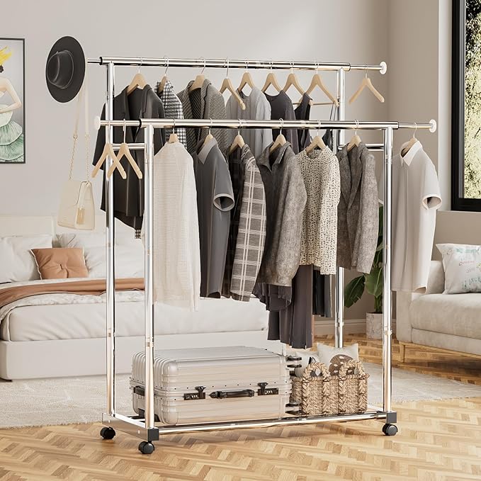 Clothes Rack for Hanging Clothes, Stainless Steels Coat Rack with Wheels, Clothing Rack, Garment Rack, Portable Closet, Portable Closet, Adjustable Length