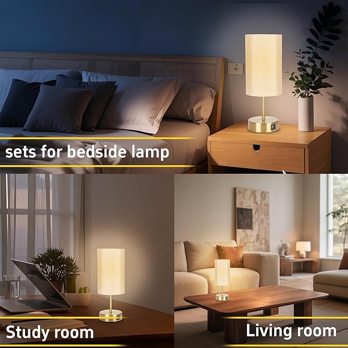 Bedside Table Lamp for Bedroom - 3 Way Dimmable Touch Lamp USB C Charging Ports and AC Outlet, Gold Base Round Flaxen Fabric Shade for Living Room, Desk, LED Bulb Included(Gold Touch Control)