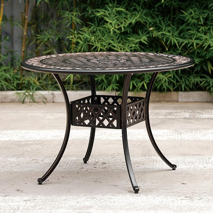 42" Round Cast Aluminum Patio Table with 4-6 Person,Outdoor Patio Dining Table with 1.7" Umbrella Hole,Metal Patio Table for Garden,Porch,Yard,Bronze