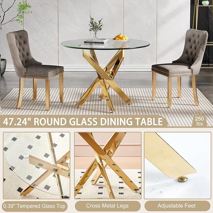 47.24" Round Dining Table for 6 8, Modern Clear Glass Kitchen Table for 6 with Gold X Metal Legs, Contemporary Circle Dining Room Leisure Tables for Kitchen Apartment