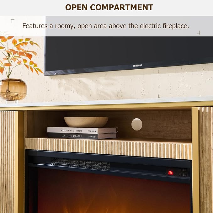 OKD Luxury 70" Fluted Fireplace TV Stand, Modern Chic Entertainment Center for TVs Up to 80 inches, TV Console with Faux Marble Top, Curved Profile Design, Media Console for Living Room, Natural Oak