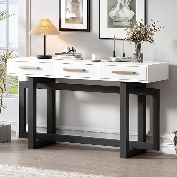 Amposei Contemporary Entryway Console Table 57-Inch Extra Long Minimalist Entry Sofa Table with Storage Drawers for Living Room Hallway, Gray & White