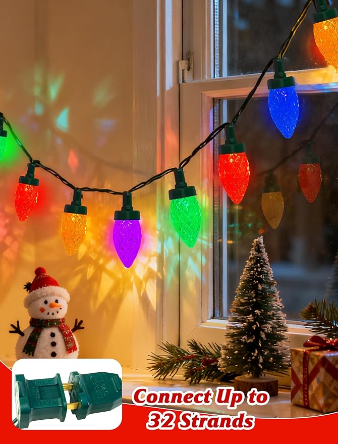 C7 LED Christmas Lights Outdoor,50 LED Multicolor C7 Christmas Light 0.07w per Diamond Bulb,26FT Xmas Lights Outdoor for House, Yard, Garden, Christmas Tree Decoration, Green Wire
