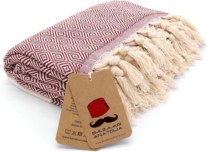 Bazaar Anatolia Turkish Beach Towel – 100% Cotton, Quick Dry, Sand Free Towel for Bathroom, Camping, Travel, Burgundy – Oversized 71x39 Inches – Diamond Maroon