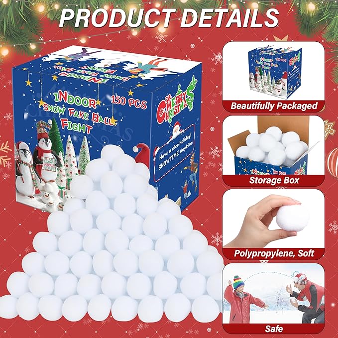150 PCS Snow Toy Balls for Kids Indoor, Artificial Snow Kid Toys Balls, Indoor Snow Fight Ball Set, Snow Fake Balls Party Supplies Parent-Child Interactive Throwing Game