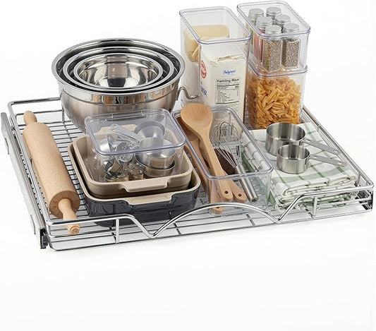 HOLDN’ STORAGE Pull Out Cabinet Organizer, Heavy Duty Caddy w/Lifetime Limited Warranty -26”W x 21”D - Requires At Least 27-1/4” Cabinet Opening, Steel Metal Cabinet Drawers Slide Out, Chrome