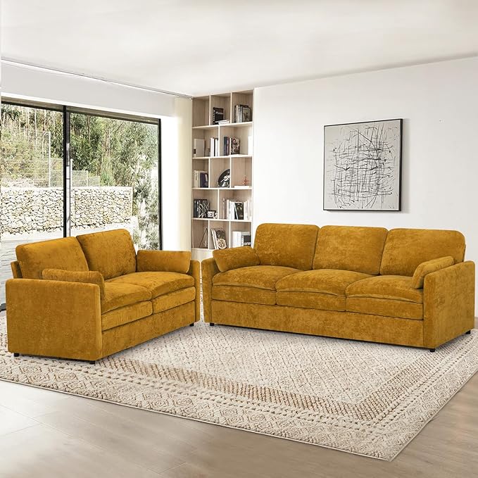 2 Pieces Chenille Sofa Set w/Throw Pillows, Upholstered Loveseat & 3 Seater Sofa w/Comfortable Back Cushions, Modern 2-Seat & 3-Seat w/High-Density Foam for Living Room, Apartment, Yellow