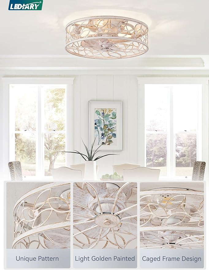 LEDIARY Caged Ceiling Fans with Lights, White Flush Mount Ceiling Fan with Remote, Small Low Profile Bladeless Ceiling Fan Light Fixture for Bedroom, Kitchen, Dining Room-White Gold Color