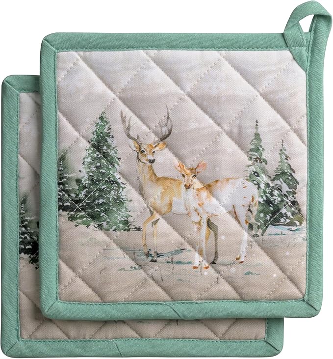 Maison d' Hermine Pot Holders Set 100% Cotton Heat Resistant Potholders 8" x 8" Hot Pads with Loop for Thanksgiving Christmas Decorations BBQ Baking Handling Hot Pans (Pack of 2, Deer in The Woods)