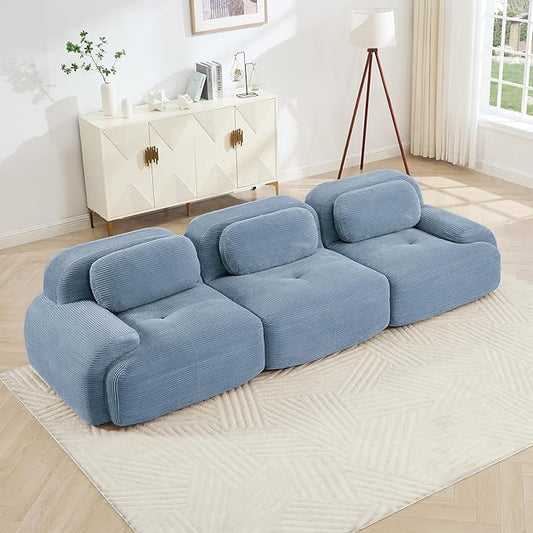 116" Modern Compressed Boneless Couch, 3 Seater Sectional Couches for Living Room, Blue Corduroy Cloud Modular Sectional Sofa, Comfy Memory Foam, Extra Deep, Sofas para Sala, No Assembly
