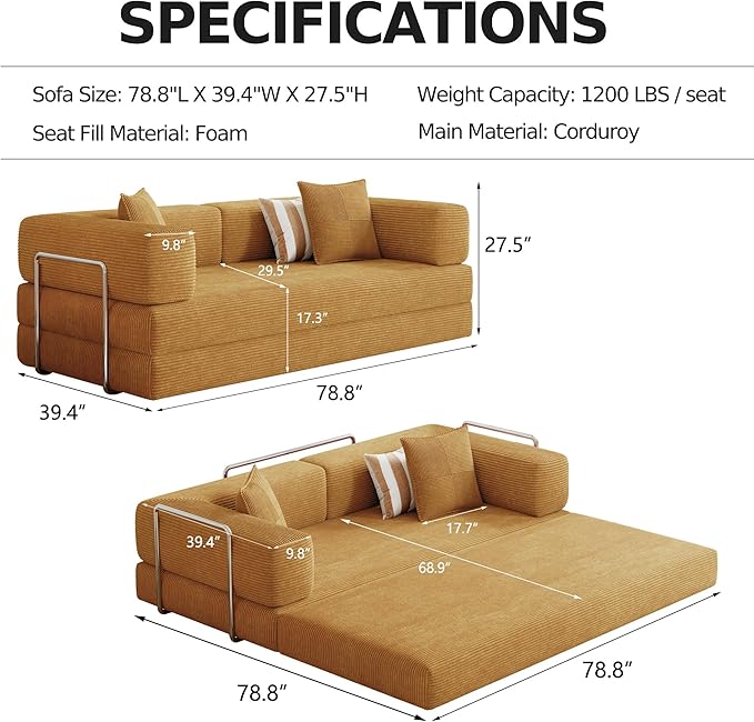 Compressed Sleeper sofa bed,Convertible Floor Boneless Couch-With Comfy Pillow,Modular Modern Corduroy Sofa for living room Bedroom Lounge Studio-With Fixed-shape Frame and support Armrest(Yellow)