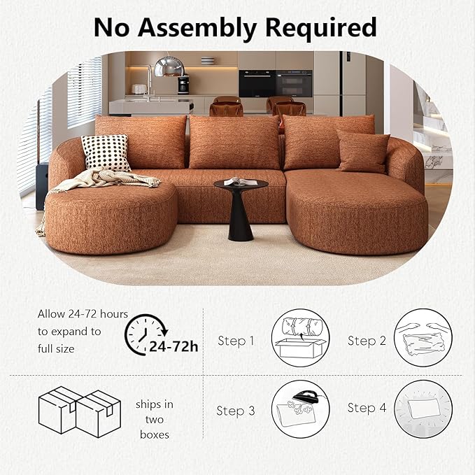 111" Modular Sectional Couches Luxury Modern Curved Back U-Shape Sofa Set with Ottoman,Minimalist Comfy Boneless Cloud Couch for Living Room Apartment,(Right Facing Chaise,Orange)