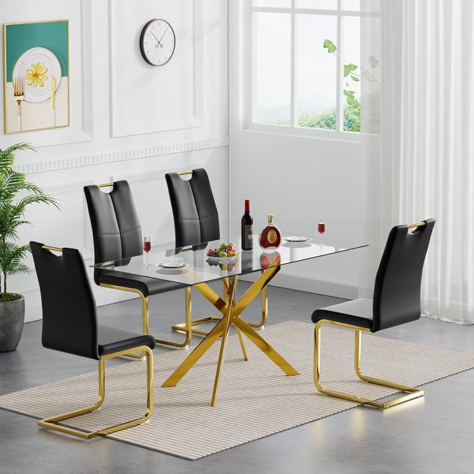 Modern Glass Dining Table Set for 4, Gold Glass Kitchen Table and Chairs Set of 4, 5 Piece Dining Room Table Set with 61" Rectangular Metal Glass Dinner Table and 4 Black Leather Dining Chairs