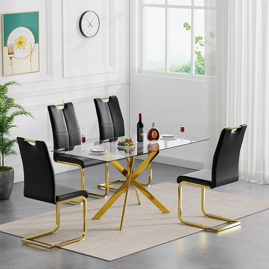 Modern Glass Dining Table Set for 4, Gold Glass Kitchen Table and Chairs Set of 4, 5 Piece Dining Room Table Set with 61" Rectangular Metal Glass Dinner Table and 4 Black Leather Dining Chairs